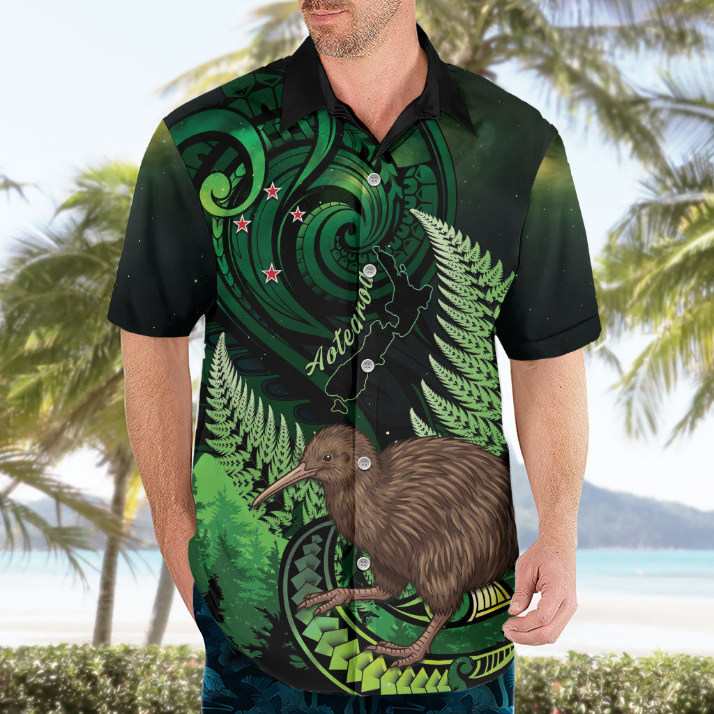 Kiwi New Zealand Personalised Hawaiian Shirt Aotearoa Map Silver Fern Koru Pattern