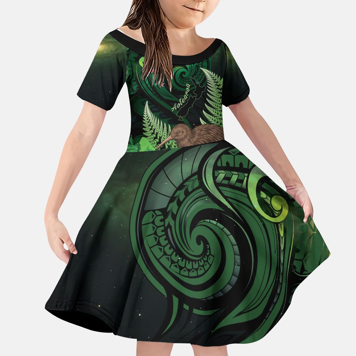 Kiwi New Zealand Personalised Kid Short Sleeve Dress Aotearoa Map Silver Fern Koru Pattern