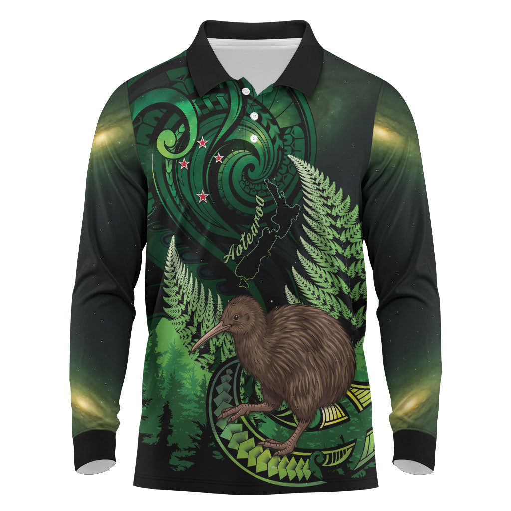 Kiwi New Zealand Personalised Long Sleeve Polo Shirt Aotearoa Map Silver Fern Koru Pattern
