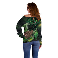 Kiwi New Zealand Personalised Off Shoulder Sweater Aotearoa Map Silver Fern Koru Pattern