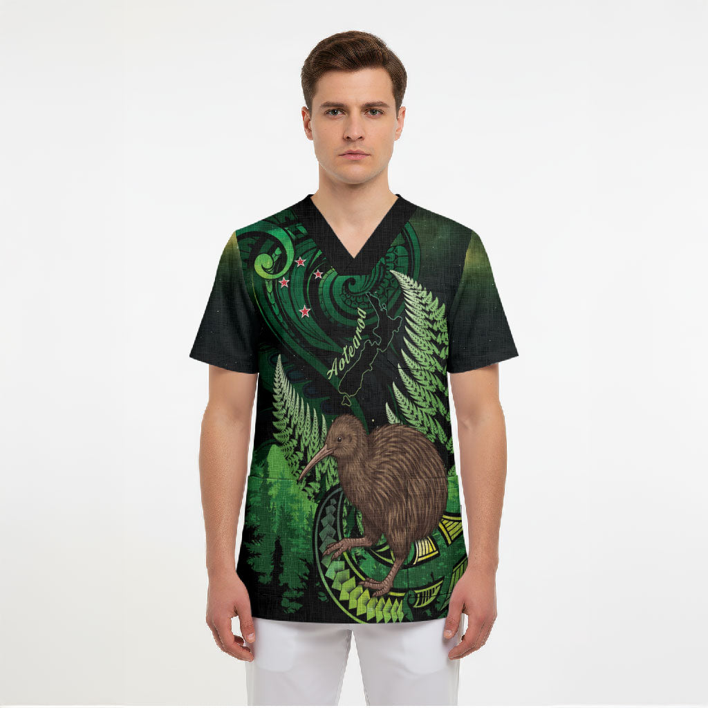 Kiwi New Zealand Personalised Scrub Top Aotearoa Map Silver Fern Koru Pattern