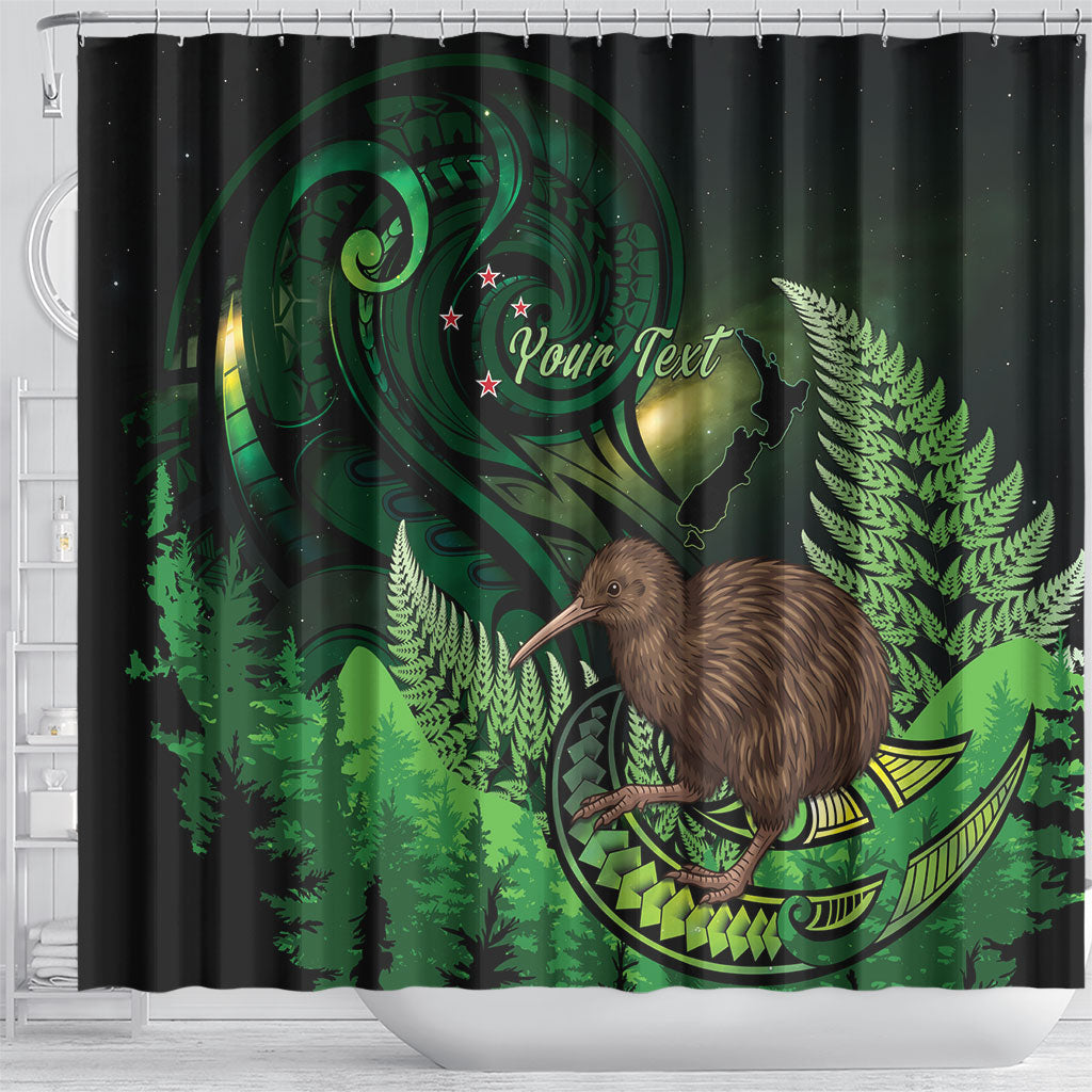 Kiwi New Zealand Personalised Shower Curtain Aotearoa Map Silver Fern Koru Pattern