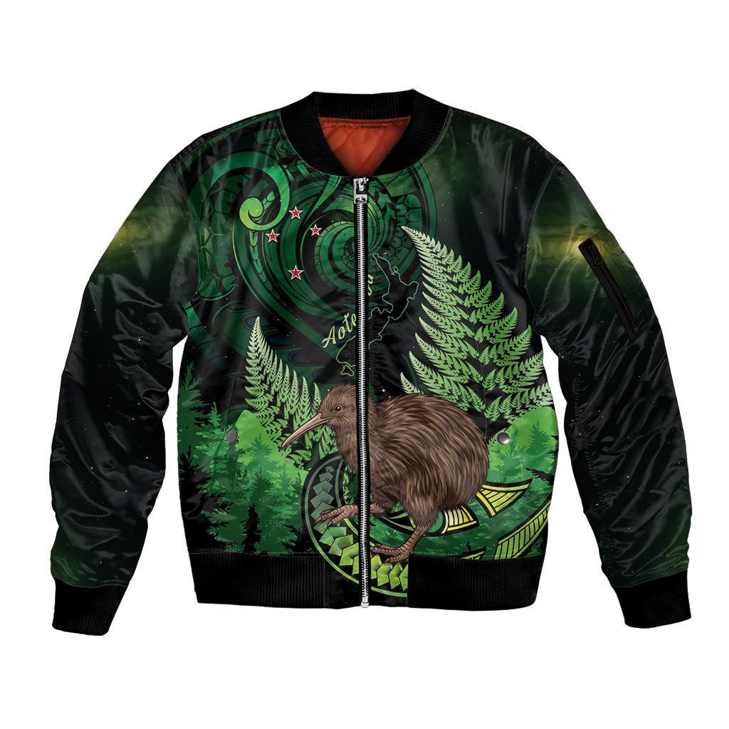 Kiwi New Zealand Personalised Sleeve Zip Bomber Jacket Aotearoa Map Silver Fern Koru Pattern
