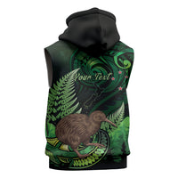 Kiwi New Zealand Personalised Sleeveless Hoodie Aotearoa Map Silver Fern Koru Pattern