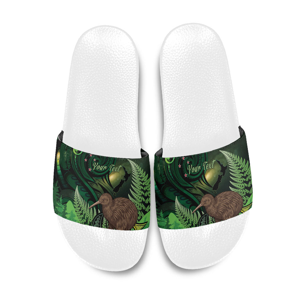 Kiwi New Zealand Personalised Slide Sandals Aotearoa Map Silver Fern Koru Pattern