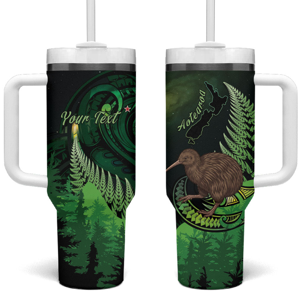Kiwi New Zealand Personalised Tumbler With Handle Aotearoa Map Silver Fern Koru Pattern LT22 One Size: 40 oz Green - Polynesian Pride