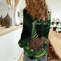 Kiwi New Zealand Personalised Women Casual Shirt Aotearoa Map Silver Fern Koru Pattern LT22 - Polynesian Pride