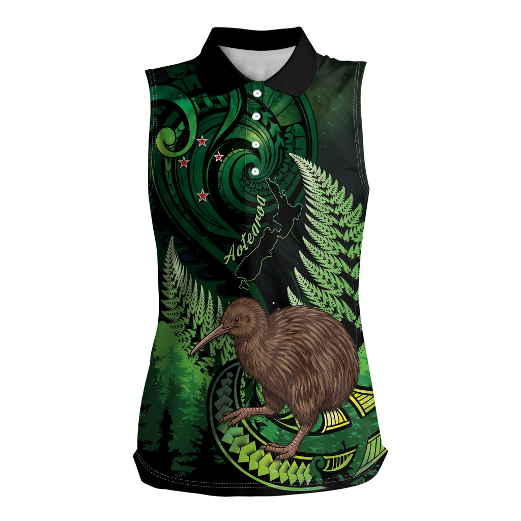 Kiwi New Zealand Personalised Women Sleeveless Polo Shirt Aotearoa Map Silver Fern Koru Pattern LT22 Female Green - Polynesian Pride