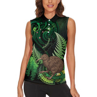 Kiwi New Zealand Personalised Women Sleeveless Polo Shirt Aotearoa Map Silver Fern Koru Pattern LT22 - Polynesian Pride