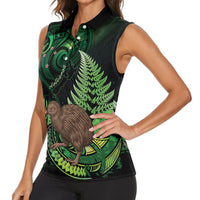 Kiwi New Zealand Personalised Women Sleeveless Polo Shirt Aotearoa Map Silver Fern Koru Pattern LT22 - Polynesian Pride