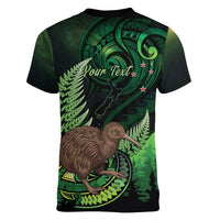 Kiwi New Zealand Personalised Women V-Neck T-Shirt Aotearoa Map Silver Fern Koru Pattern