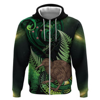 Kiwi New Zealand Personalised Zip Hoodie Aotearoa Map Silver Fern Koru Pattern LT22 Zip Hoodie Green - Polynesian Pride