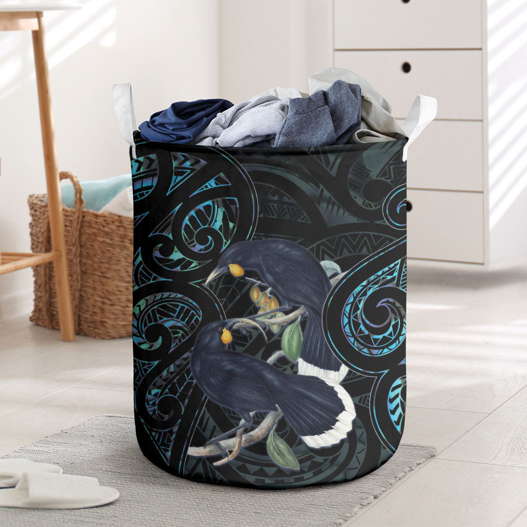 New Zealand Huia Bird Laundry Basket Paua Shell Maori Pattern