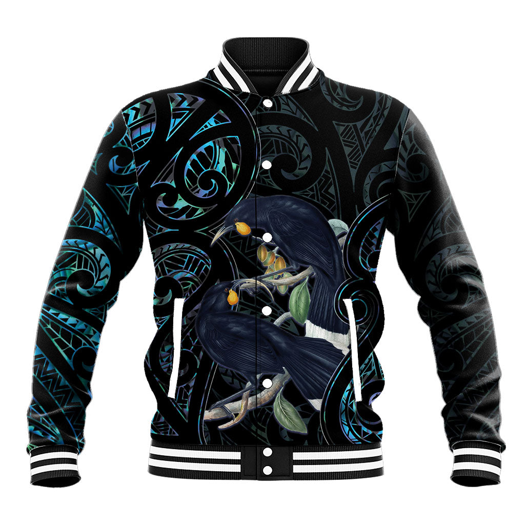 New Zealand Huia Bird Baseball Jacket Paua Shell Maori Pattern
