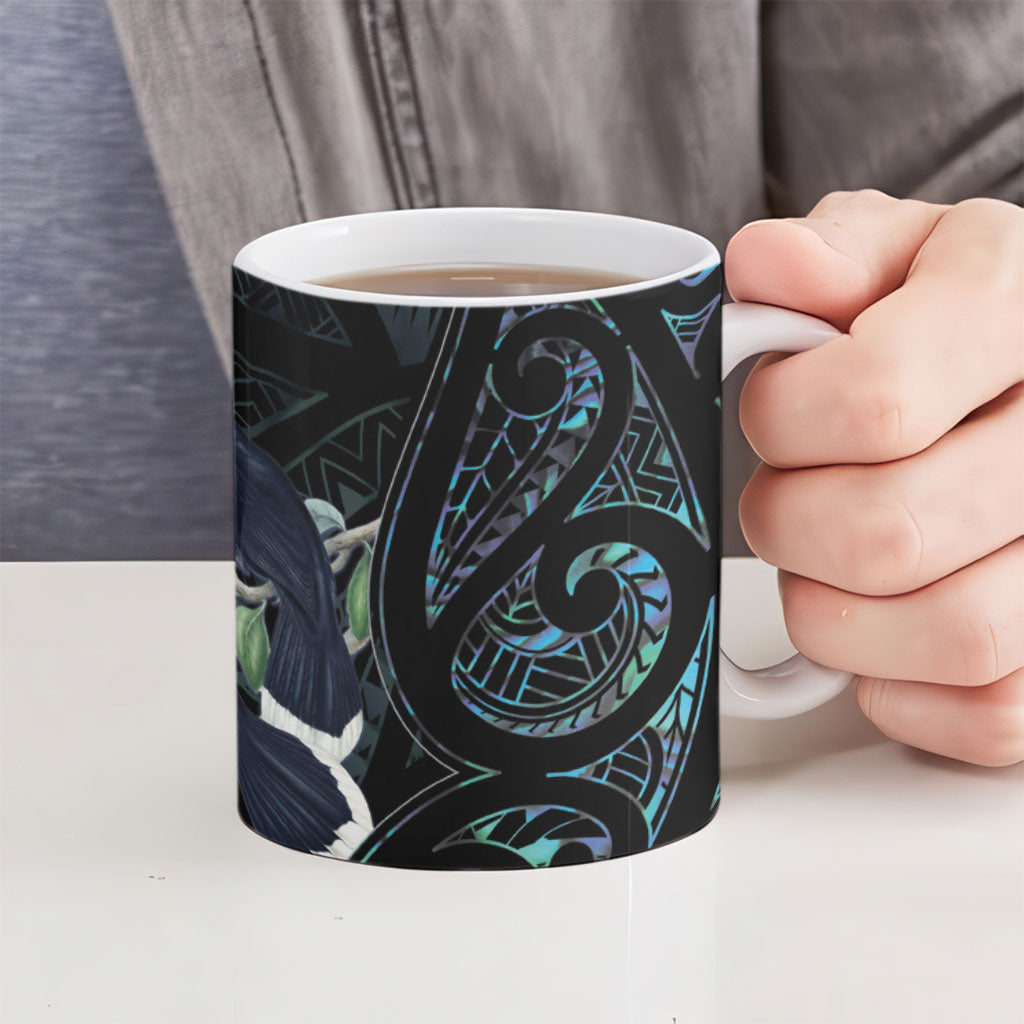 New Zealand Huia Bird Ceramic Mug Paua Shell Maori Pattern
