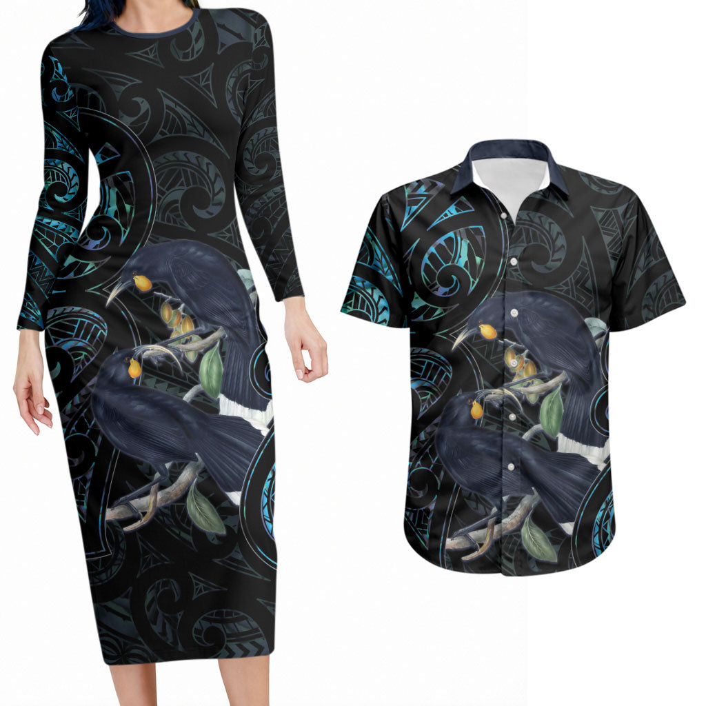New Zealand Huia Bird Couples Matching Long Sleeve Bodycon Dress and Hawaiian Shirt Paua Shell Maori Pattern LT22 Black - Polynesian Pride