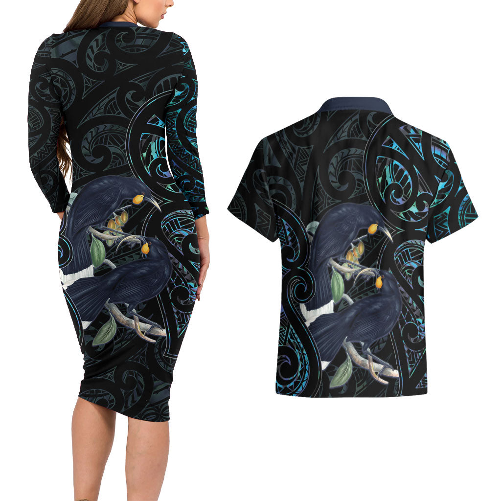 New Zealand Huia Bird Couples Matching Long Sleeve Bodycon Dress and Hawaiian Shirt Paua Shell Maori Pattern