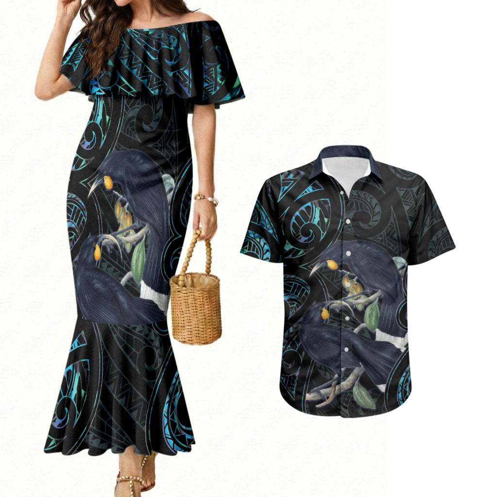 New Zealand Huia Bird Couples Matching Mermaid Dress and Hawaiian Shirt Paua Shell Maori Pattern LT22 Black - Polynesian Pride