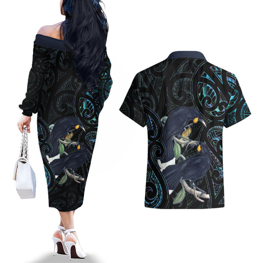 New Zealand Huia Bird Couples Matching Off The Shoulder Long Sleeve Dress and Hawaiian Shirt Paua Shell Maori Pattern