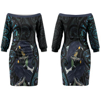 New Zealand Huia Bird Couples Matching Off The Shoulder Long Sleeve Dress and Hawaiian Shirt Paua Shell Maori Pattern LT22 - Polynesian Pride