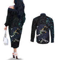 New Zealand Huia Bird Couples Matching Off The Shoulder Long Sleeve Dress and Long Sleeve Button Shirt Paua Shell Maori Pattern