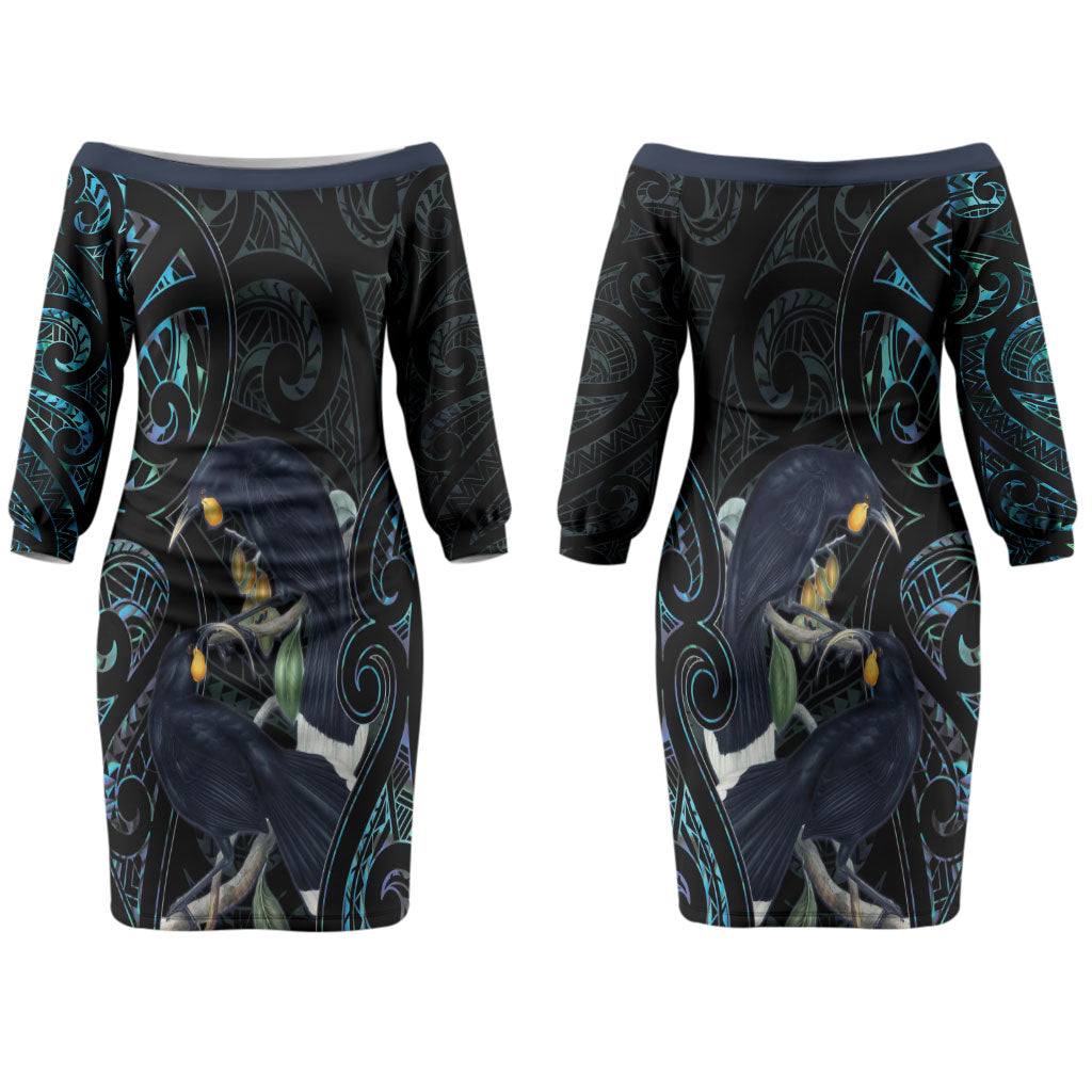 New Zealand Huia Bird Couples Matching Off The Shoulder Long Sleeve Dress and Long Sleeve Button Shirt Paua Shell Maori Pattern LT22 - Polynesian Pride