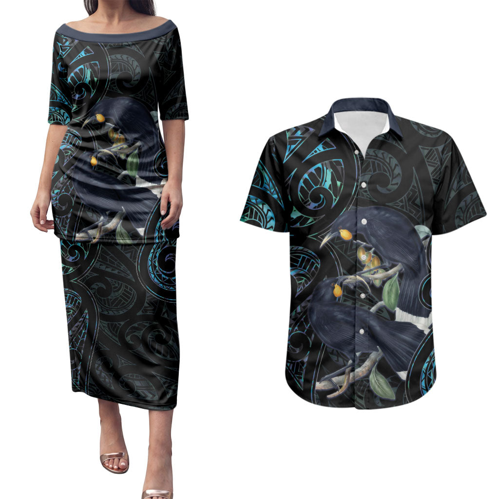 New Zealand Huia Bird Couples Matching Puletasi and Hawaiian Shirt Paua Shell Maori Pattern LT22 Black - Polynesian Pride