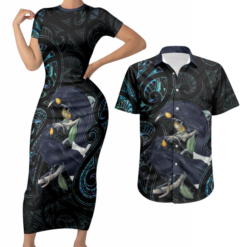 New Zealand Huia Bird Couples Matching Short Sleeve Bodycon Dress and Hawaiian Shirt Paua Shell Maori Pattern LT22 Black - Polynesian Pride