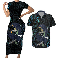 New Zealand Huia Bird Couples Matching Short Sleeve Bodycon Dress and Hawaiian Shirt Paua Shell Maori Pattern