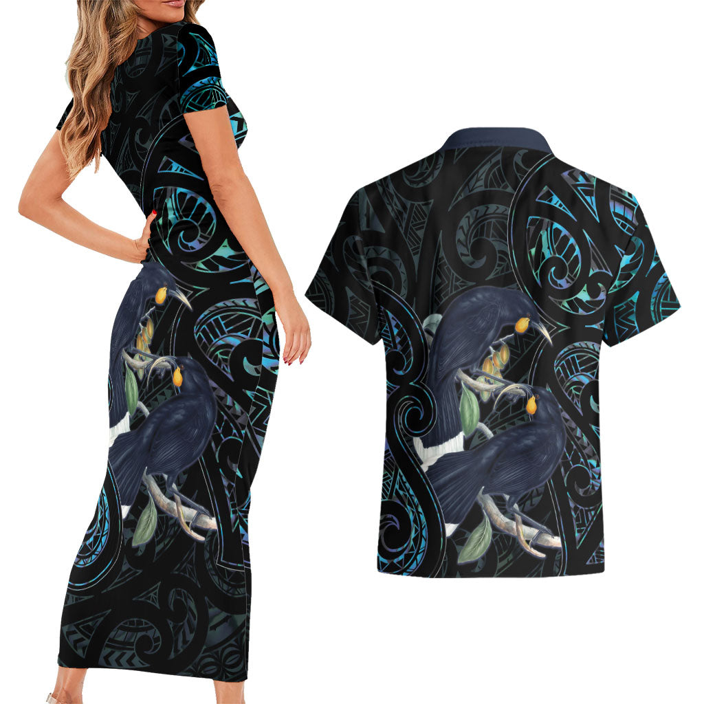New Zealand Huia Bird Couples Matching Short Sleeve Bodycon Dress and Hawaiian Shirt Paua Shell Maori Pattern
