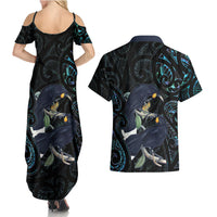 New Zealand Huia Bird Couples Matching Summer Maxi Dress and Hawaiian Shirt Paua Shell Maori Pattern
