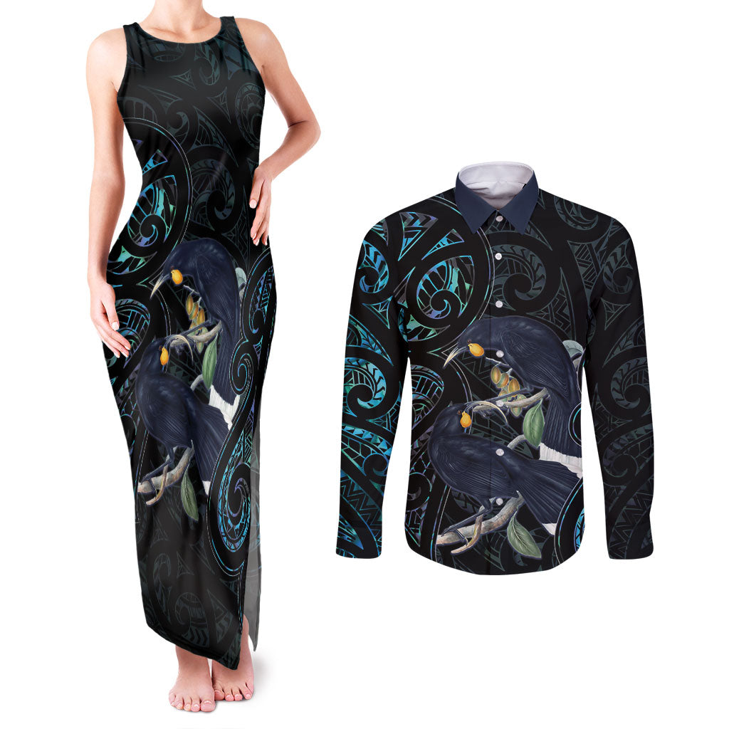 New Zealand Huia Bird Couples Matching Tank Maxi Dress and Long Sleeve Button Shirt Paua Shell Maori Pattern