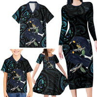 New Zealand Huia Bird Family Matching Long Sleeve Bodycon Dress and Hawaiian Shirt Paua Shell Maori Pattern