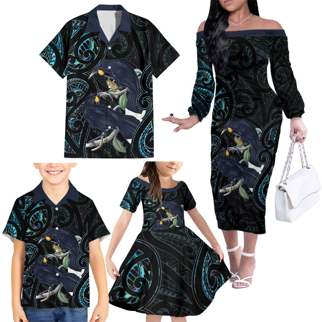 New Zealand Huia Bird Family Matching Off The Shoulder Long Sleeve Dress and Hawaiian Shirt Paua Shell Maori Pattern