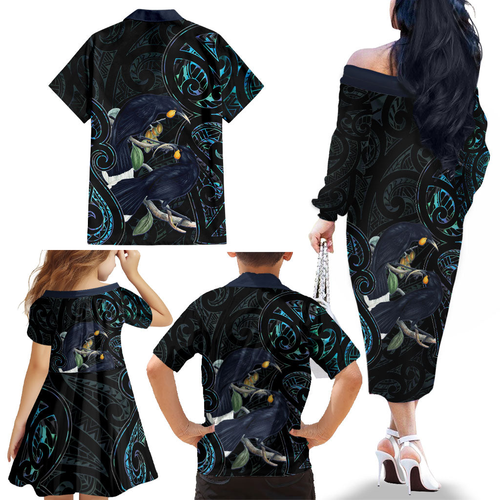 New Zealand Huia Bird Family Matching Off The Shoulder Long Sleeve Dress and Hawaiian Shirt Paua Shell Maori Pattern