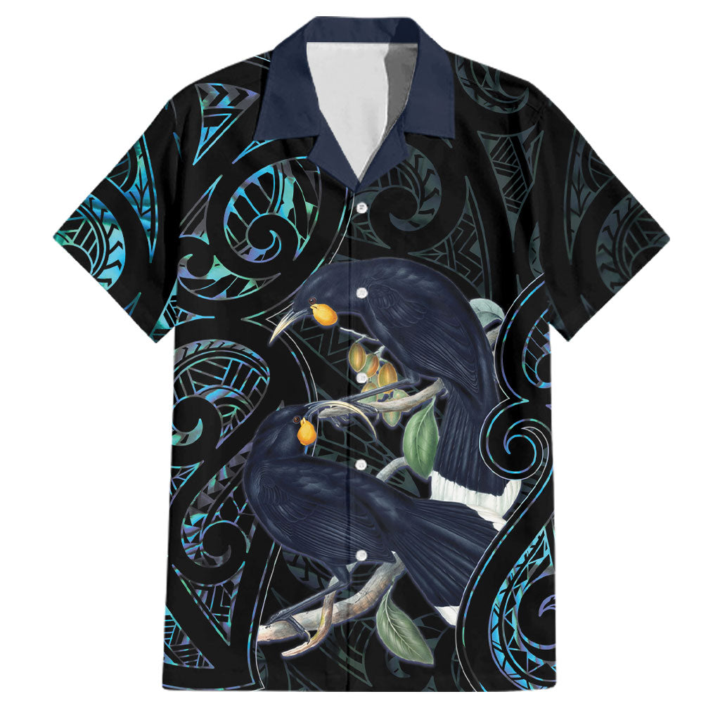 New Zealand Huia Bird Family Matching Off The Shoulder Long Sleeve Dress and Hawaiian Shirt Paua Shell Maori Pattern