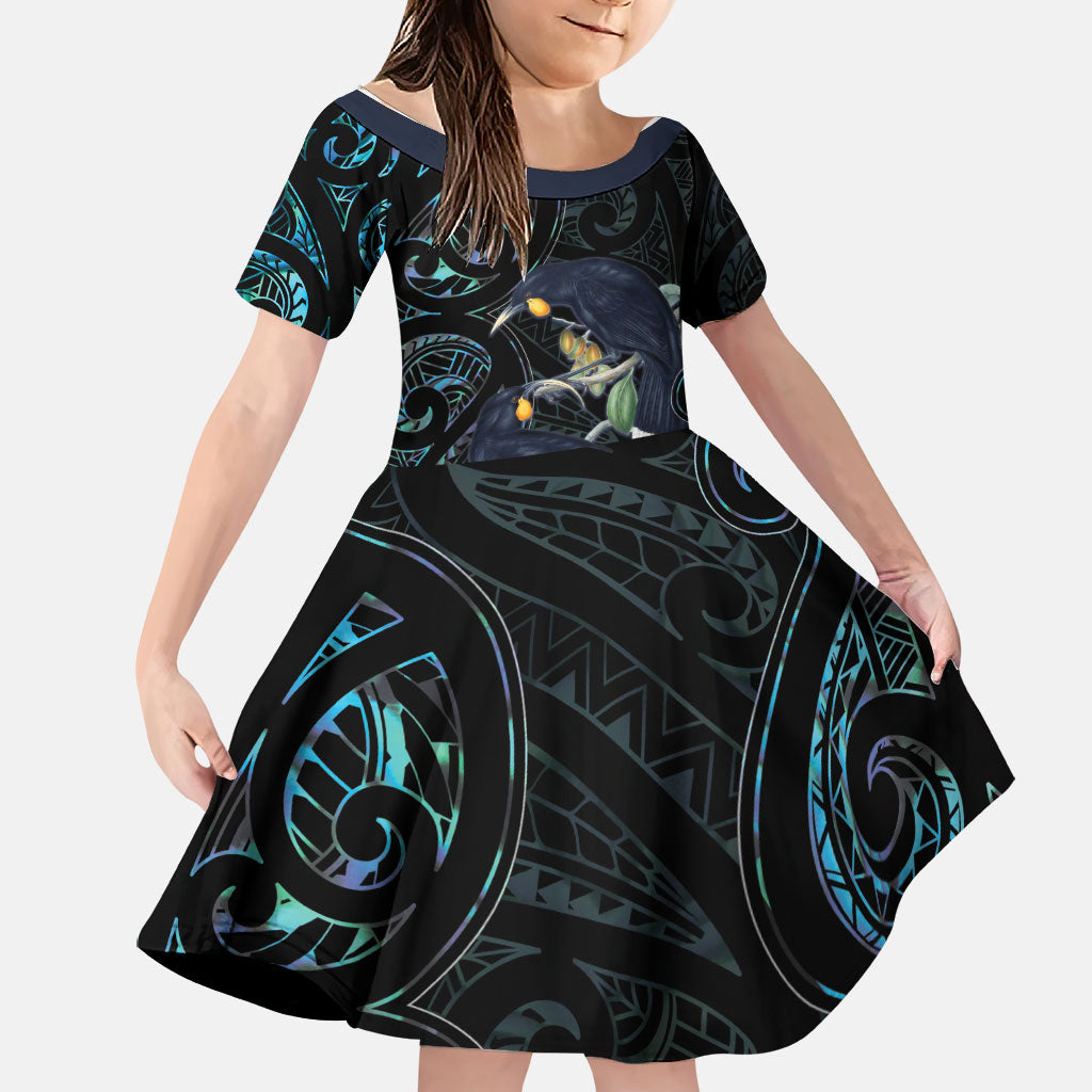 New Zealand Huia Bird Family Matching Off Shoulder Maxi Dress and Hawaiian Shirt Paua Shell Maori Pattern
