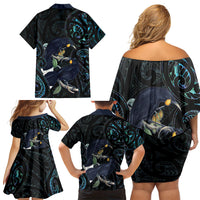 New Zealand Huia Bird Family Matching Off Shoulder Short Dress and Hawaiian Shirt Paua Shell Maori Pattern
