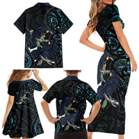 New Zealand Huia Bird Family Matching Short Sleeve Bodycon Dress and Hawaiian Shirt Paua Shell Maori Pattern