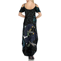 New Zealand Huia Bird Family Matching Summer Maxi Dress and Hawaiian Shirt Paua Shell Maori Pattern