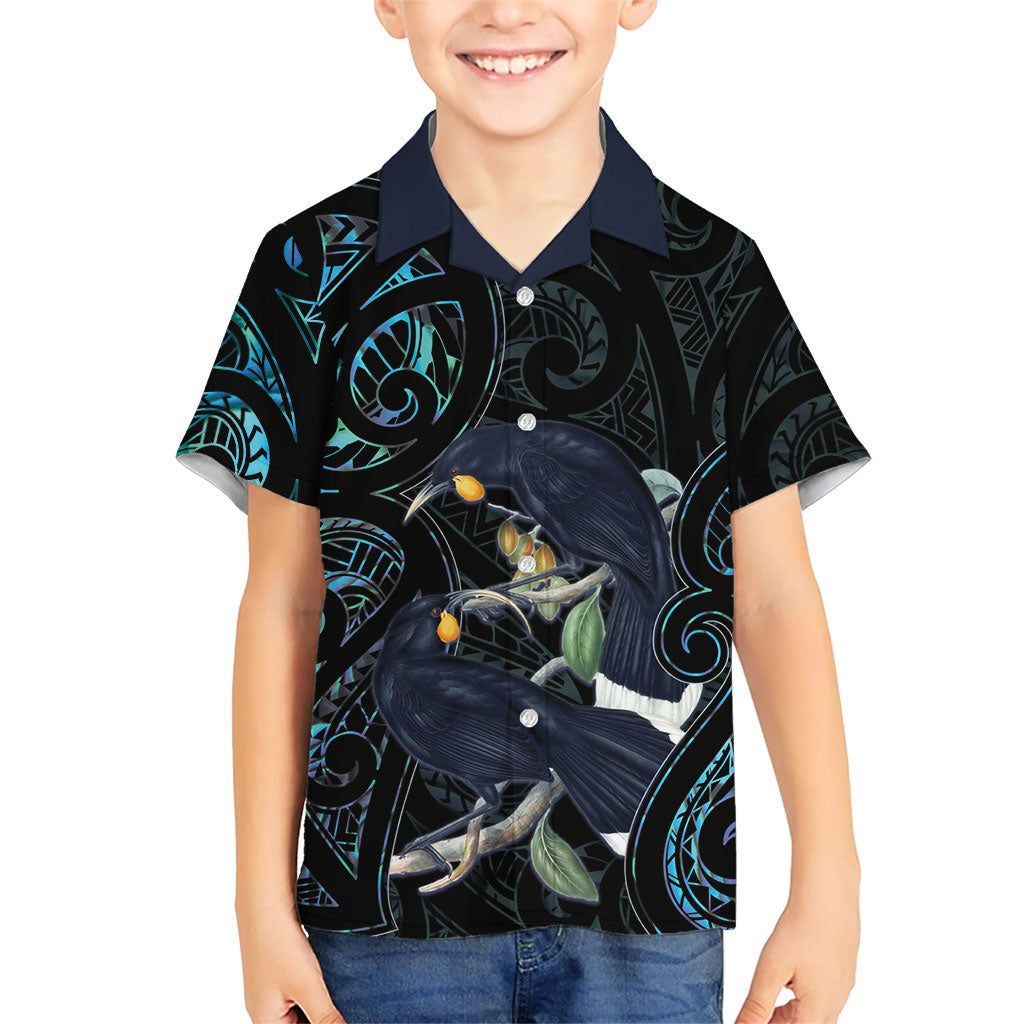 New Zealand Huia Bird Kid Hawaiian Shirt Paua Shell Maori Pattern