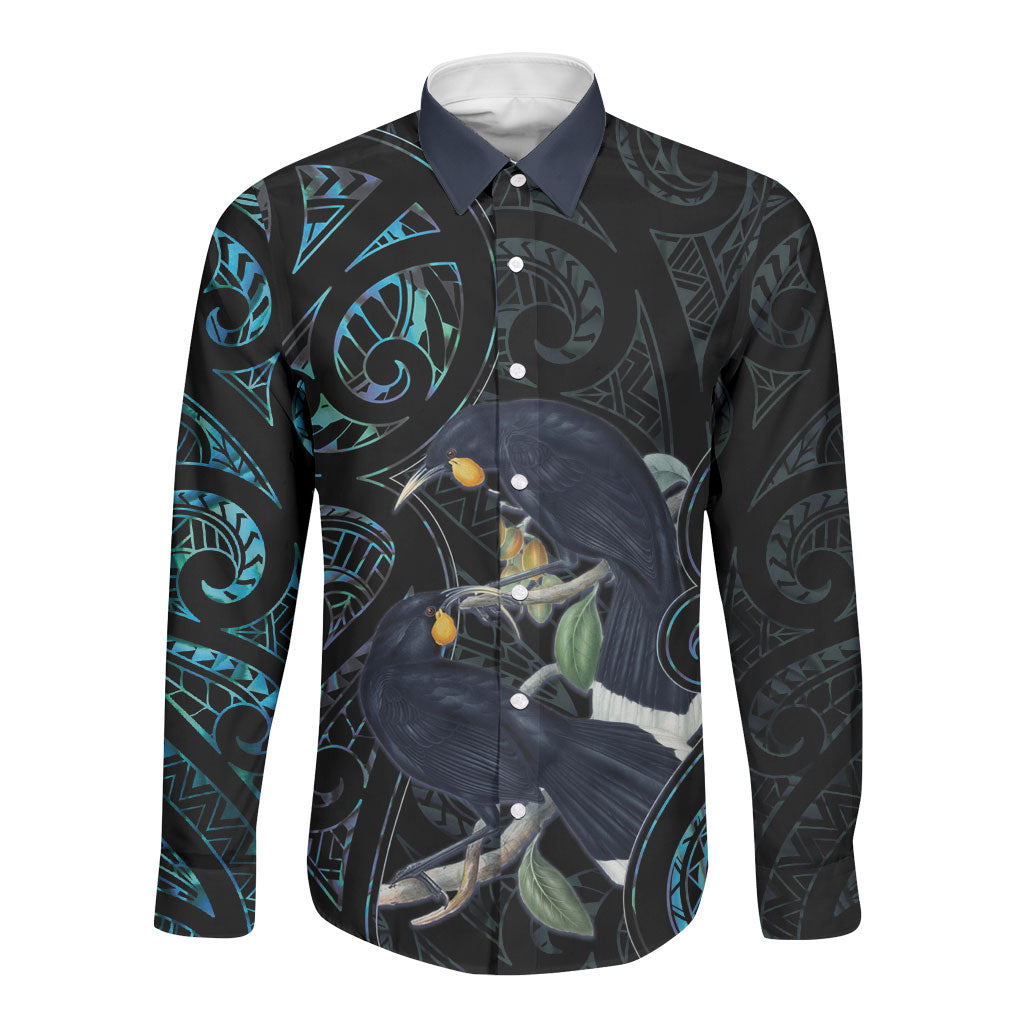 New Zealand Huia Bird Long Sleeve Button Shirt Paua Shell Maori Pattern LT22 Unisex Black - Polynesian Pride