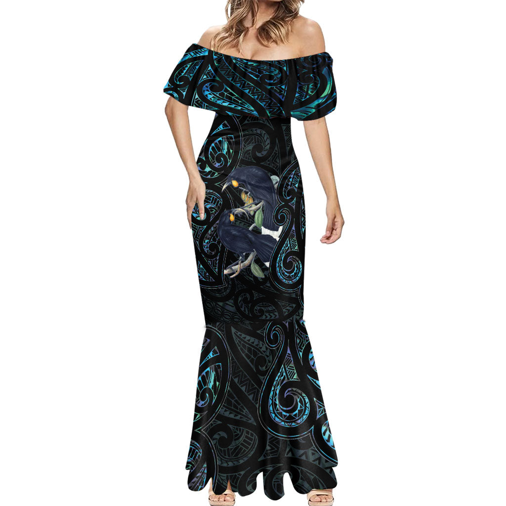 New Zealand Huia Bird Mermaid Dress Paua Shell Maori Pattern