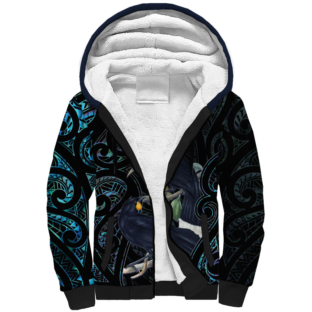 New Zealand Huia Bird Sherpa Hoodie Paua Shell Maori Pattern