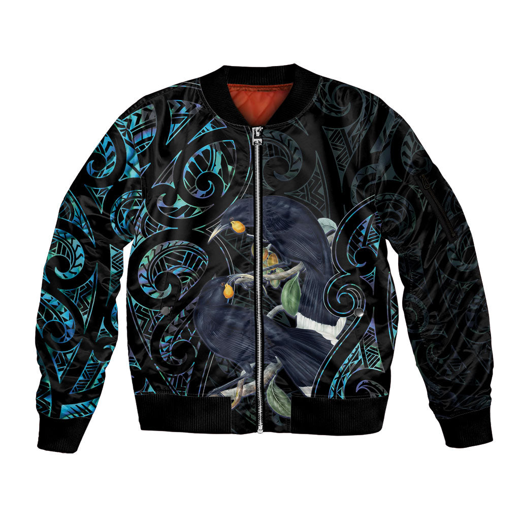 New Zealand Huia Bird Sleeve Zip Bomber Jacket Paua Shell Maori Pattern