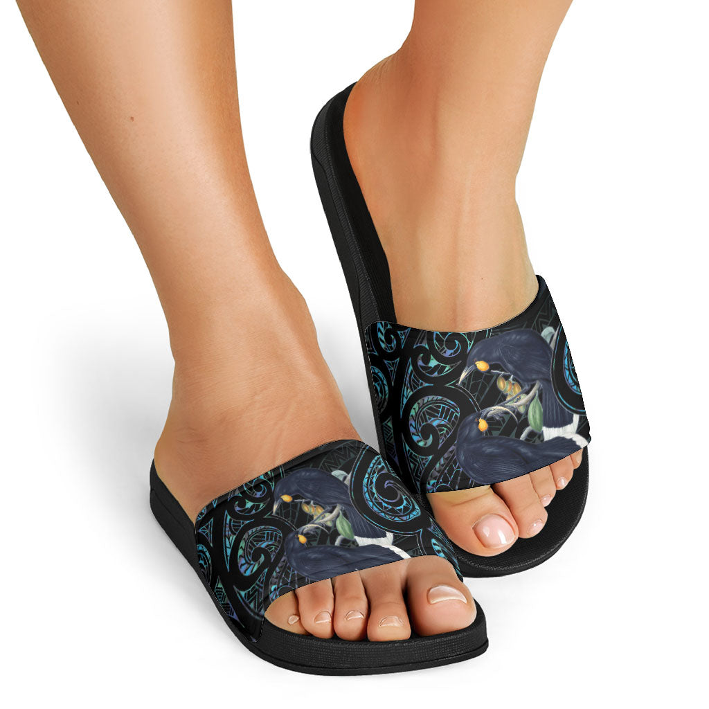 New Zealand Huia Bird Slide Sandals Paua Shell Maori Pattern