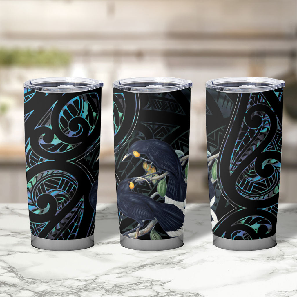 New Zealand Huia Bird Tumbler Cup Paua Shell Maori Pattern
