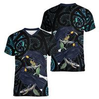 New Zealand Huia Bird Women V-Neck T-Shirt Paua Shell Maori Pattern