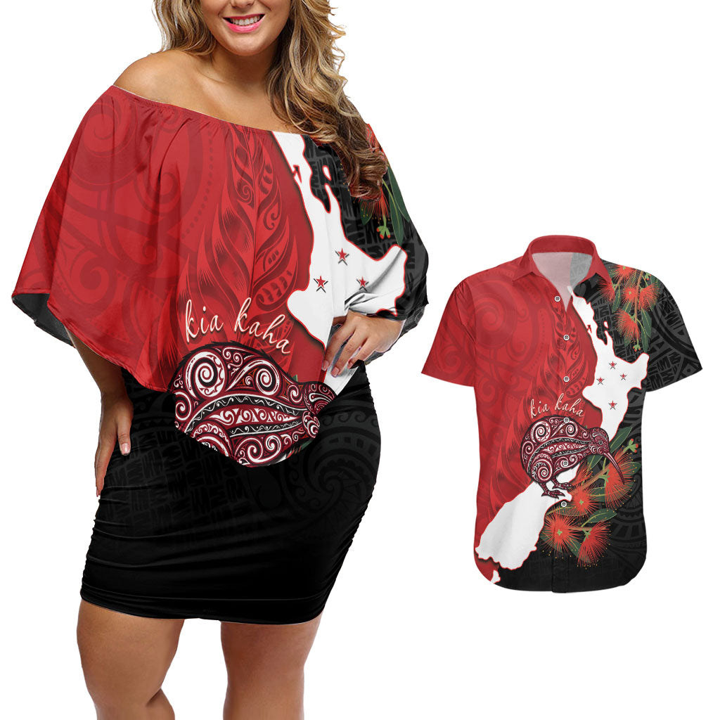Kiwi New Zealand Personalised Couples Matching Off Shoulder Short Dress and Hawaiian Shirt NZ Map Pohutukawa Fern Maori Pattern LT22 Red - Polynesian Pride