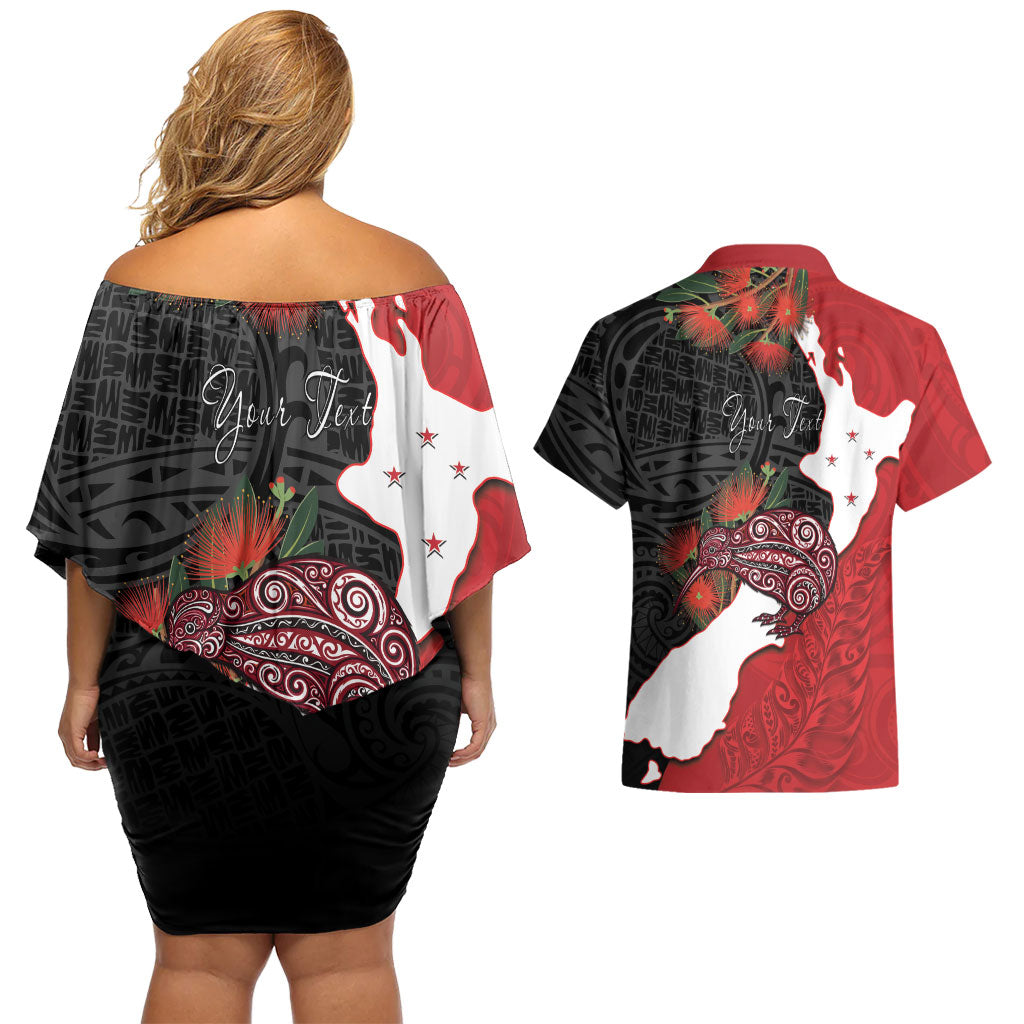 Kiwi New Zealand Personalised Couples Matching Off Shoulder Short Dress and Hawaiian Shirt NZ Map Pohutukawa Fern Maori Pattern LT22 - Polynesian Pride